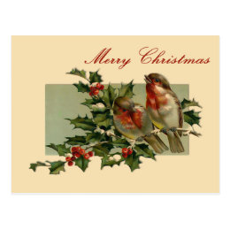 Vintage Christmas Songbirds and Holly Postcard