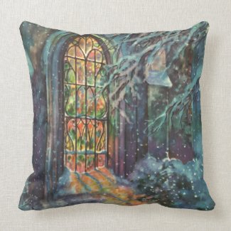 Vintage Christmas, Stained Glass Window in Church Pillow