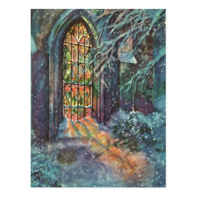 Vintage Christmas, Stained Glass Window in Church Postcards