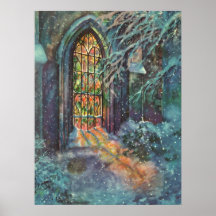 Vintage Christmas, Stained Glass Window in Church Poster