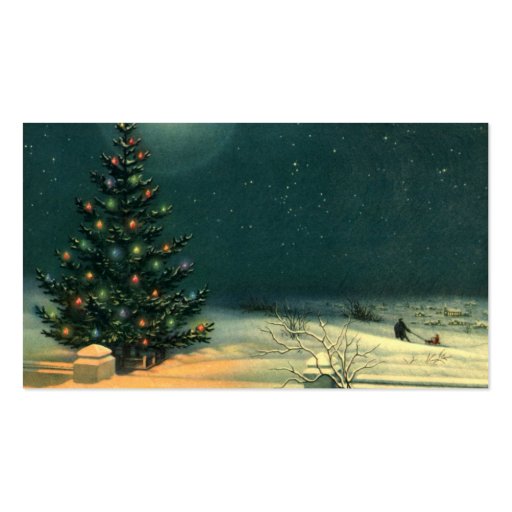 Vintage Christmas Tree at Night Lights Snow Winter Business Card Templates (front side)