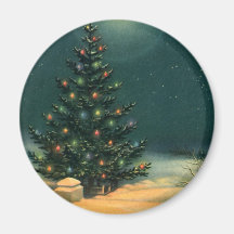 Vintage Christmas Tree at Night Lights Snow Winter Fridge Magnet
