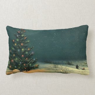Vintage Christmas Tree at Night Lights Snow Winter Pillow