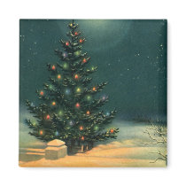 Vintage Christmas Tree at Night with Lights Refrigerator Magnet