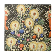 Vintage Christmas Tree Lit Candles Star Stockings Ceramic Tile