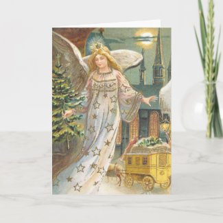 Vintage Christmas Victorian Angel Church Tree Moon Card