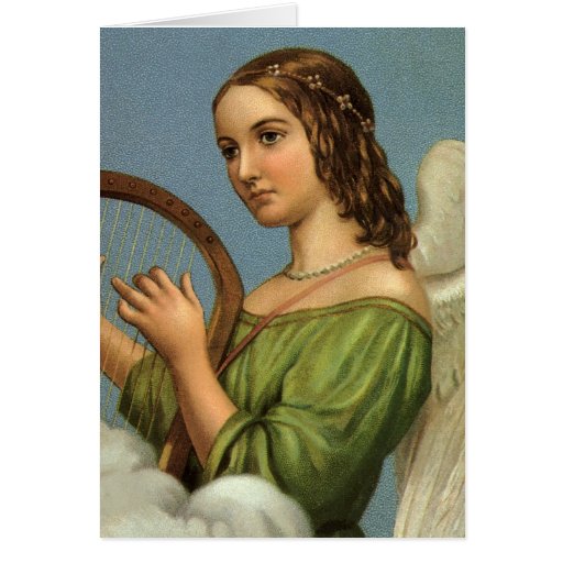 Vintage Christmas Victorian Angel Music Harp Greeting Card