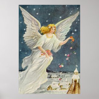Vintage Christmas Victorian Angel with Stars Roses Print