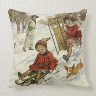 Vintage Christmas, Victorian Children Sledding Dog Throw Pillow