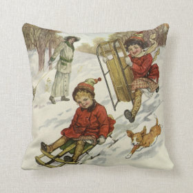 Vintage Christmas, Victorian Children Sledding Throw Pillow
