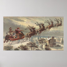 Vintage Christmas, Victorian Santa Claus in Sleigh Posters