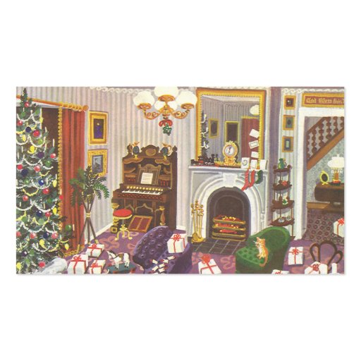 Vintage Christmas Wrapping Presents in Living Room Business Card Template (front side)