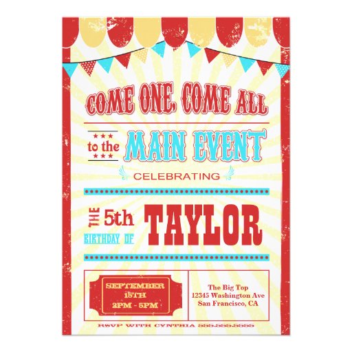 Vintage circus typography birthday party invite (front side)