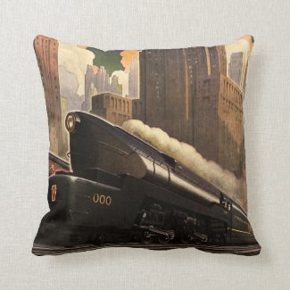 Vintage City, T1 Duplex Train on Railroad Tracks Pillows