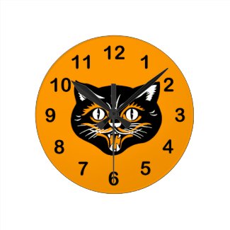 Vintage Classic Halloween Black Cat Face Fangs Round Wall Clocks