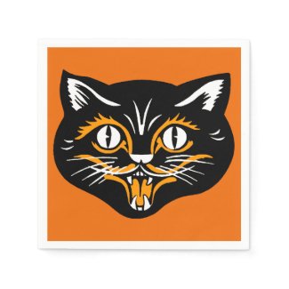 Vintage Classic Halloween Black Cat Face Fangs Standard Cocktail Napkin
