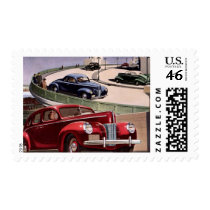 Vintage Classic Sedan Cars Driving on the Freeway Postage Stamp