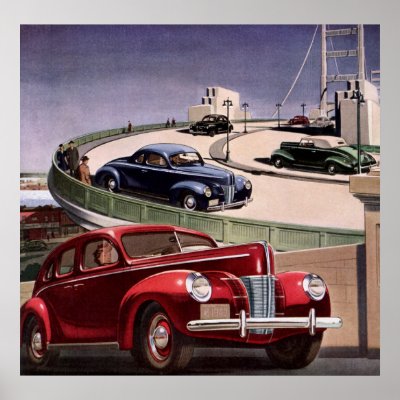 Vintage Classic Sedan Cars Driving on the Freeway Posters