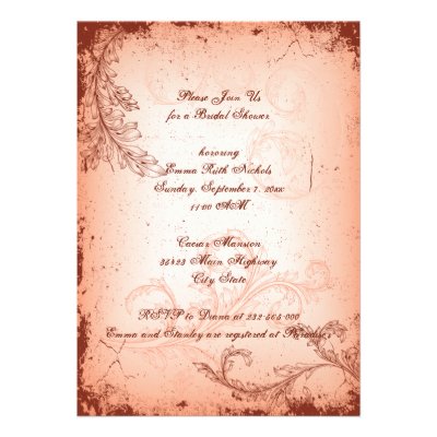 Vintage coral scroll leaf bridal shower invitations