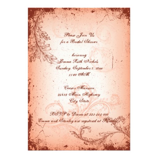 Vintage coral scroll leaf bridal shower invitations