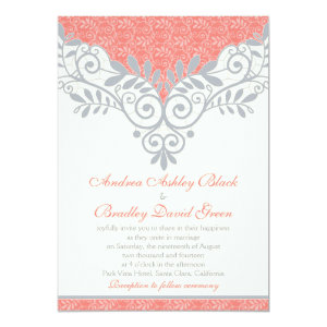 Vintage Coral Silver Grey Lace Wedding Invitation 5