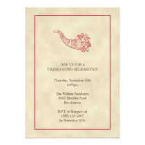 Vintage cornucopia fruits red frame Thanksgiving invitations
