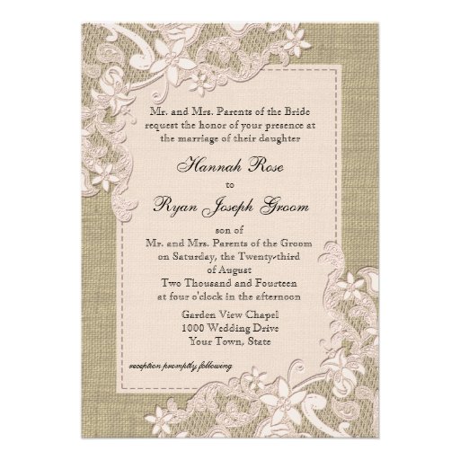 Vintage Country Blush Lace Design and Burlap Personalized Announcements