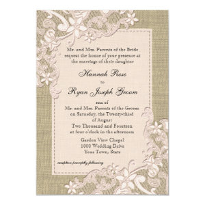 Vintage Country Blush Lace Design and Burlap 5x7 Paper Invitation Card