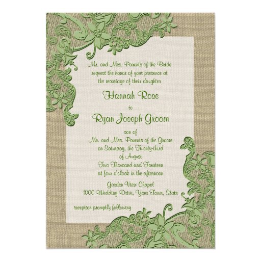 Vintage Country Lace Design and Burlap Green Personalized Announcement