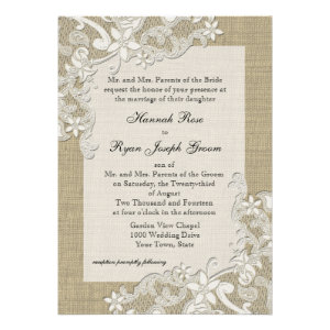 Vintage Country Lace Design and Burlap Personalized Announcements
