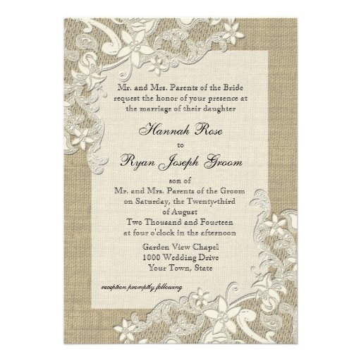 Vintage Country Lace Design and Burlap Personalized Announcements