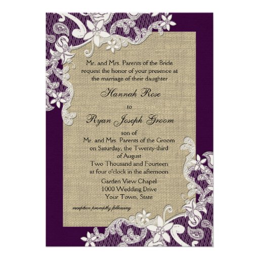 Vintage Country Lace Design and Burlap Purple Invitations