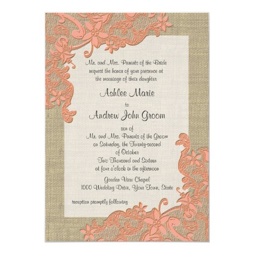 Vintage Country Lace Design Coral Personalized Invite