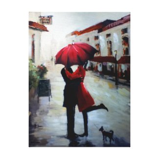 Vintage Couple with Umbrella and Dog Canvas Gallery Wrap Canvas