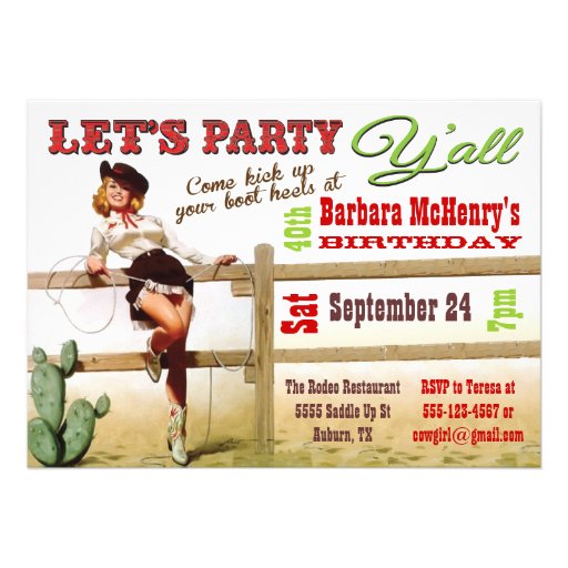 Vintage Cowgirl Pin Up Birthday Party Invitation