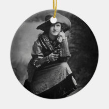 Vintage Cowgirl Posing with Her Six Shooter Christmas Tree Ornaments