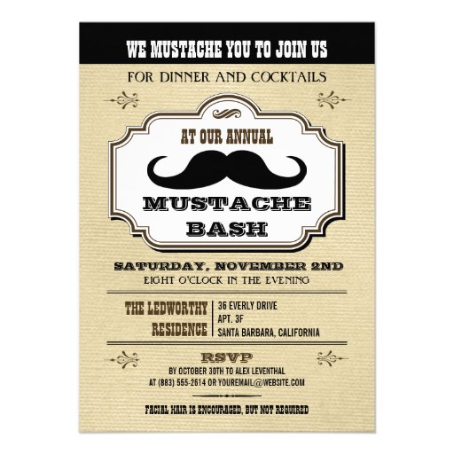Vintage Cream and Brown Mustache Bash Personalized Invite (front side)