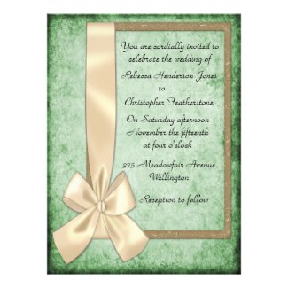 Vintage Cream Ribbon on Green Wedding Invitations
