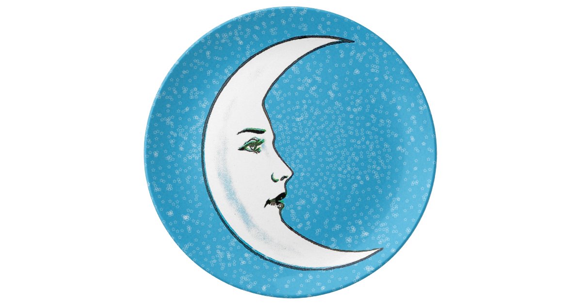 Vintage Crescent White Moon Face White Stars Dinner Plate