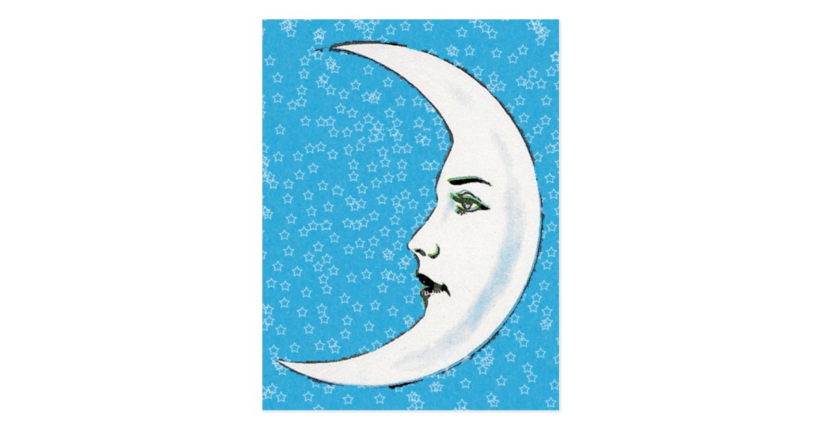 Vintage Crescent White Moon Face White Stars Postcard | Zazzle