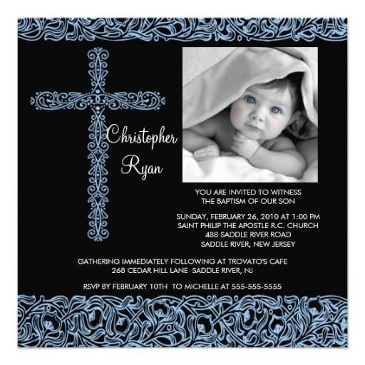 Vintage Cross Photo Baptism Inviation Baby Boy Invite