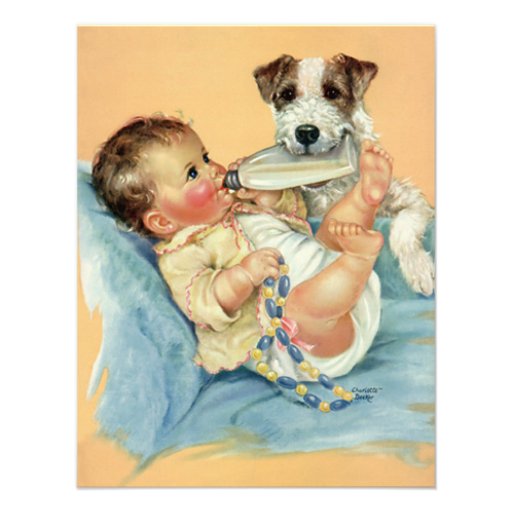 Vintage Cute Baby Bottle Puppy Dog, Baby Shower Announcements