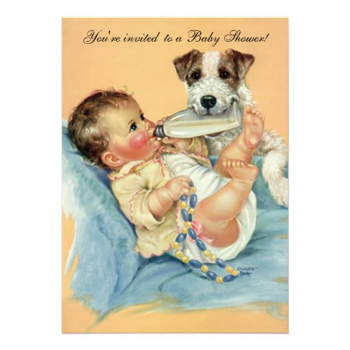 Vintage Cute Baby Bottle Puppy Dog, Baby Shower Custom Invitations