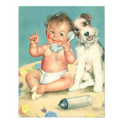 Vintage Cute Baby Phone Puppy Dog Baby Shower Invite
