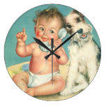 Vintage Cute Baby Talking on Phone Puppy Dog Wall Clock