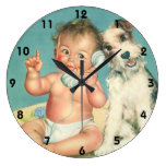 Vintage Cute Baby Talking on Phone Puppy Dog Wallclock