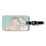 Vintage Cute Baby Talking on Phone Puppy Dog Bag Tag