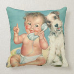 Vintage Cute Baby Talking on Phone Puppy Dog Pillow