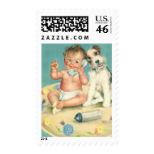 Vintage Cute Baby Talking on Phone Puppy Dog Stamps