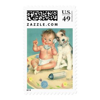 Vintage Cute Baby Talking on Phone Puppy Dog Stamps
